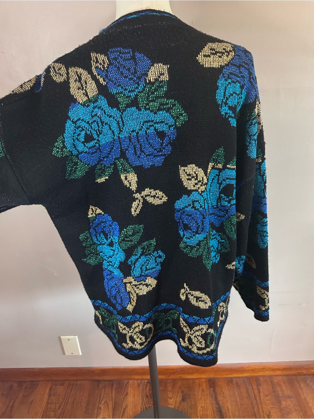Vintage Black Sweater with Blue & Green Rose Motif - Picture 4 of 7